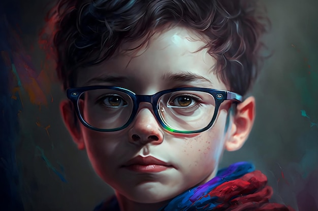 Un retrato de un niño con gafas y una bufanda.