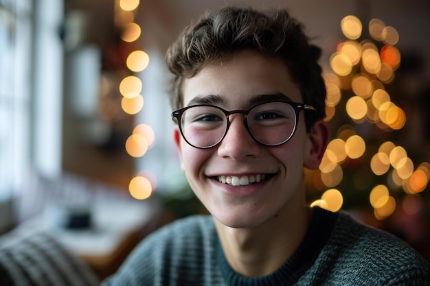 Retrato de un niño con gafas frente a un árbol de Navidad