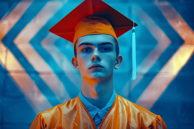 Retrato de un niño con gorra y vestido de graduación en un fondo lineal geométrico