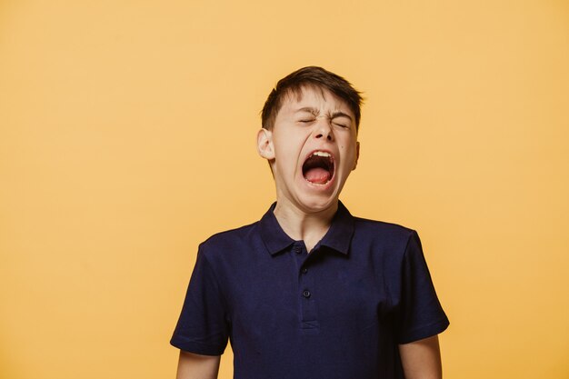 Retrato de un niño gritando en voz alta con los ojos cerrados, viste una camiseta morada oscura, aislada sobre fondo amarillo con espacio libre para su anuncio. Concepto de emoción de personas.