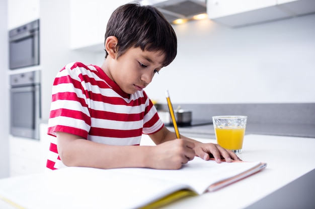 Retrato de niño haciendo los deberes en la cocina