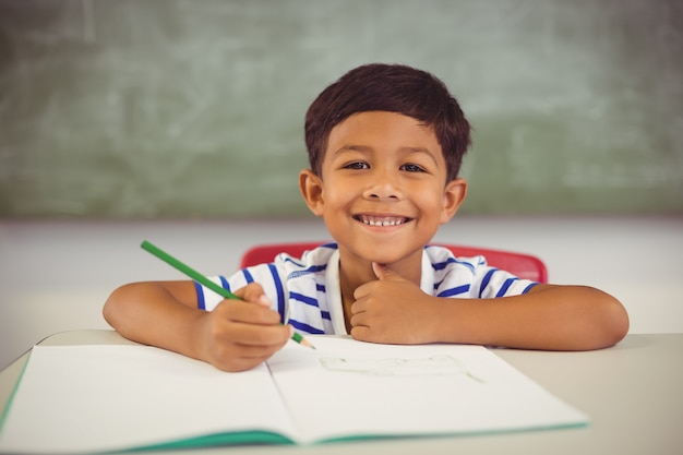 Retrato de niño haciendo la tarea en el aula