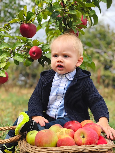 Retrato de niño hermoso comiendo manzana en el césped