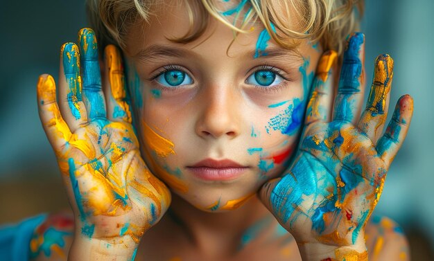 Foto retrato de un niño hermoso con ojos azules y manos ensuciadas en colores brillantes