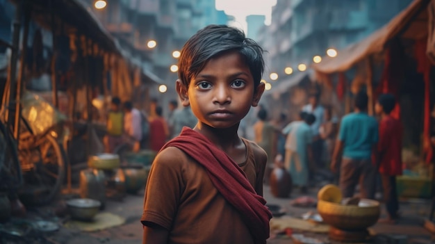 Retrato de un niño indio en las calles de la India, un niño serio con un tocado de plumas generado por IA