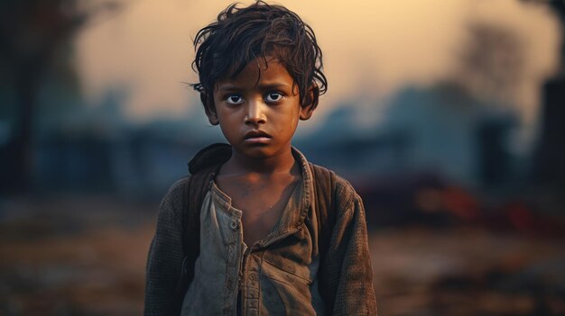 Retrato de un niño indio que se siente triste en el campo