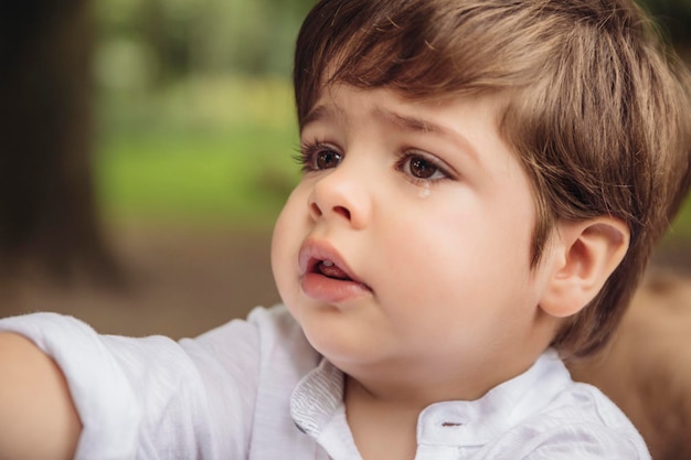 Retrato de un niño infeliz con lágrimas en los ojos