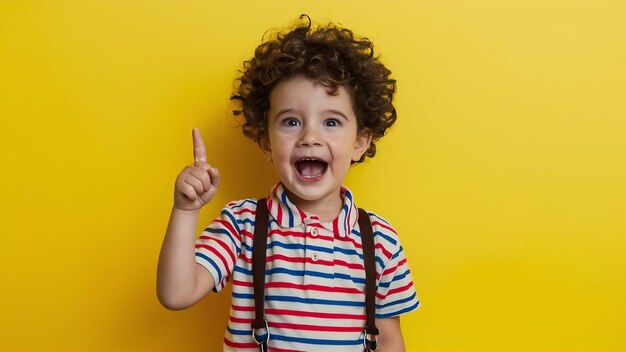 Retrato de un niño inteligente y emocionado señalando con el dedo hacia arriba