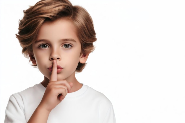 Retrato de un niño joven, hermoso y lindo, con el dedo en los labios que muestra el silencio sobre un fondo blanco.