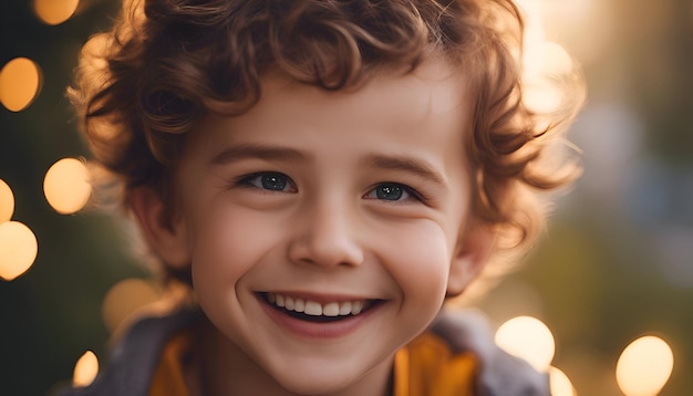 Retrato de un niño lindo con el cabello rizado en una chaqueta amarilla