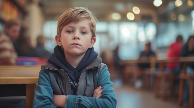 Retrato de un niño lindo en un café