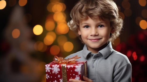 Retrato de un niño lindo con una caja de regalos