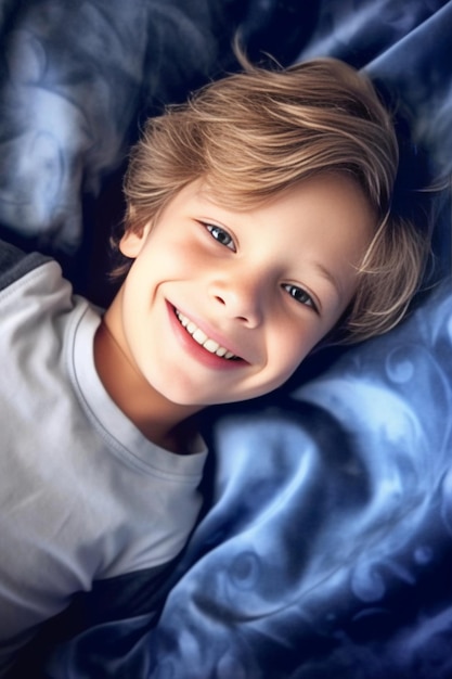 Retrato de un niño lindo con camisa azul acostado en la cama IA generativa