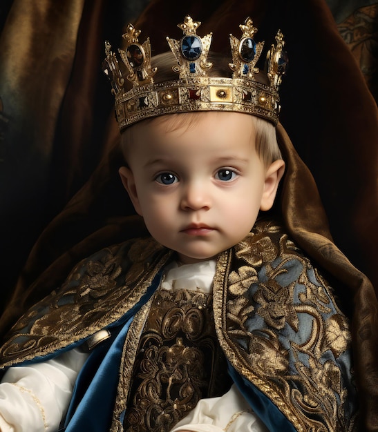 Retrato de un niño lindo en una corona de estudio