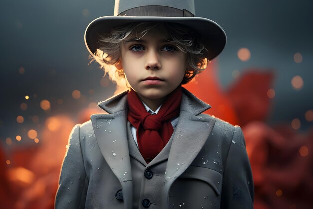 Retrato de un niño lindo con un elegante sombrero de moda y ropa de estilo y moda