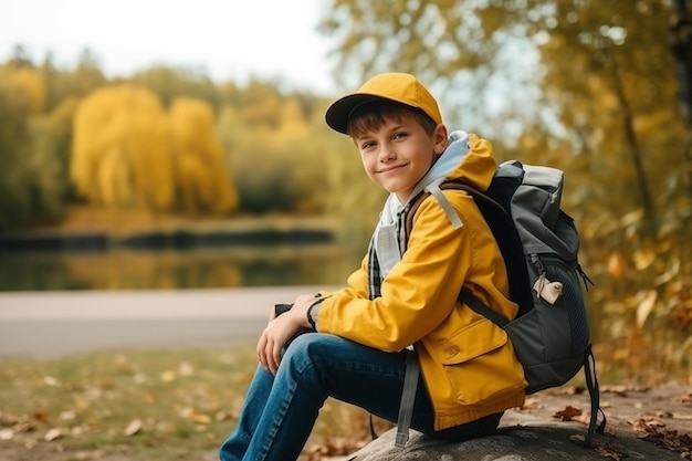 Retrato de un niño lindo con una gorra y una mochila está descansando en la naturaleza concepto de campamento infantil