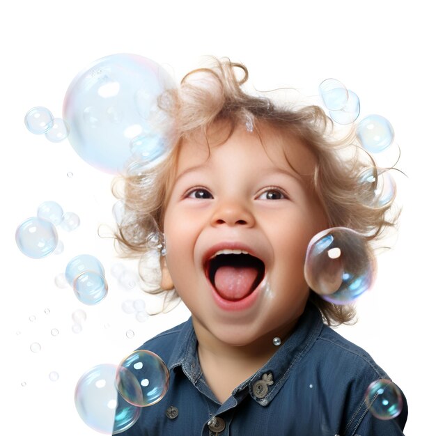 Retrato de un niño lindo jugando con burbujas de jabón aisladas sobre un fondo blanco