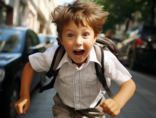 Retrato de un niño lindo con mochila corriendo por la calle IA generativa