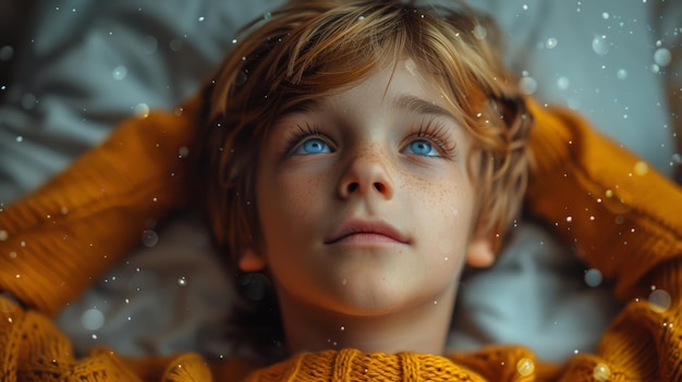 Retrato de un niño lindo con ojos azules en un suéter amarillo