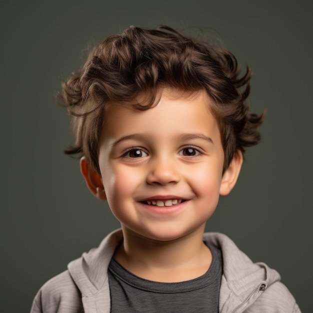 retrato de un niño lindo con el pelo rizado en el fondo gris