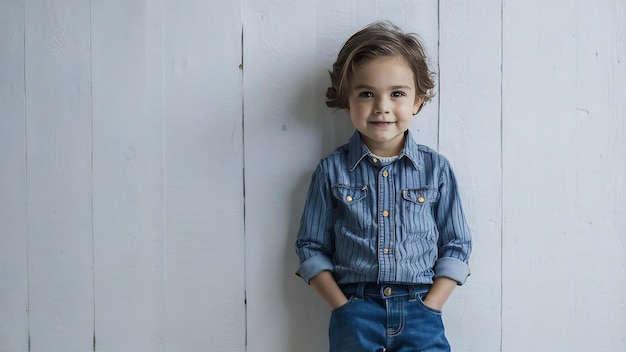 Retrato de un niño lindo con ropa de vaqueros elegante mirando a la cámara contra el estudio blanco