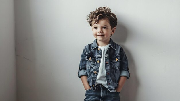 El retrato de un niño lindo con ropa de vaqueros elegante mirando a la cámara contra el estudio blanco