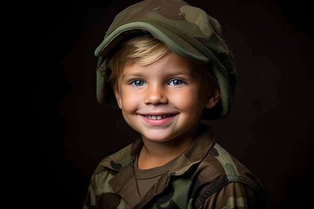 Retrato de un niño lindo en uniforme militar sobre un fondo oscuro