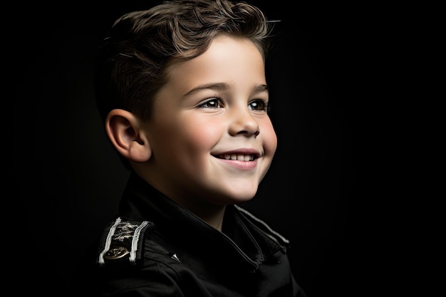 Retrato de un niño lindo en uniforme militar sobre un fondo oscuro