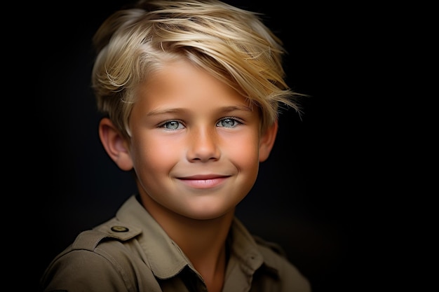 Retrato de un niño lindo en uniforme militar sobre un fondo oscuro