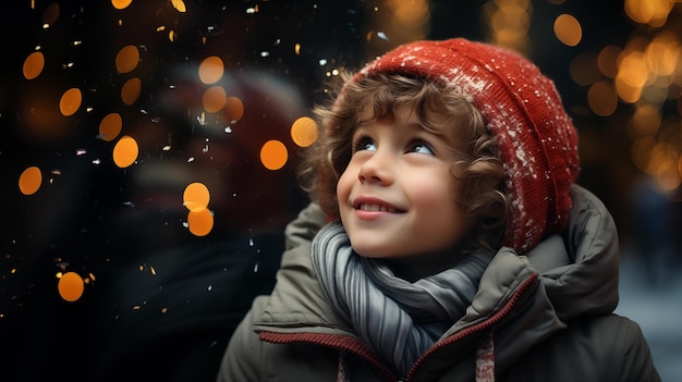 Foto retrato de un niño mirando y soñando cerca de la ventana de la tienda de navidad en una navidad tradicional