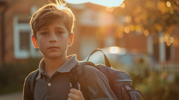 Retrato de un niño con una mochila de pie al aire libre