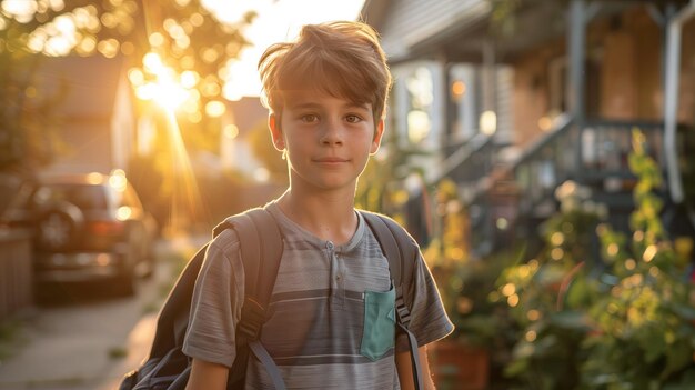 Retrato de un niño con una mochila de pie al aire libre