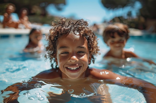 Retrato de un niño multirracial posando en la piscina al aire libre en un día soleado IA generativa