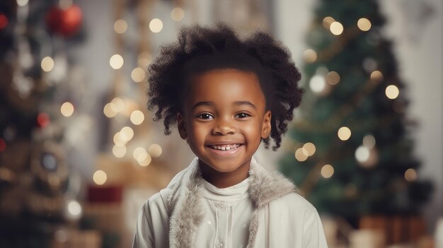 Retrato de un niño negro feliz cerca del árbol de Año Nuevo en la víspera de Navidad