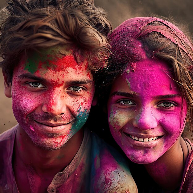 Retrato de un niño y una niña adolescentes mirando a la cámara y riendo en el festival de Holi