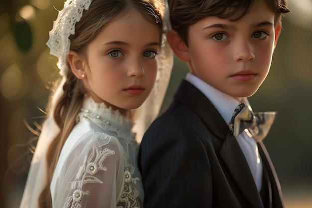 Retrato de un niño y una niña vestidos para la primera comunión