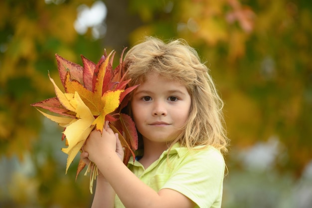 Retrato de niño de otoño en otoño hojas amarillas niño pequeño jugar con hoja de arce en el parque otoñal