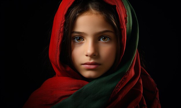 Retrato de un niño palestino con una cubierta de turbante de bandera en un fondo oscuro