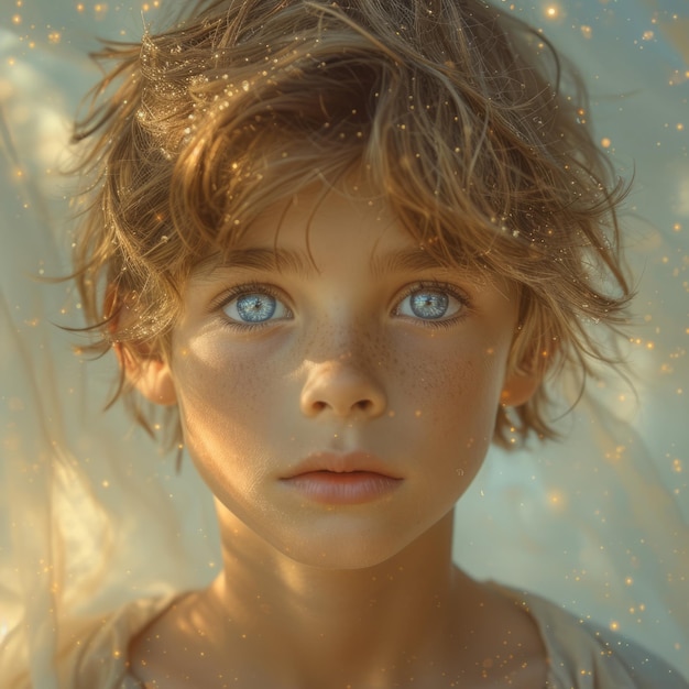 Retrato de un niño con pecas y ojos azules