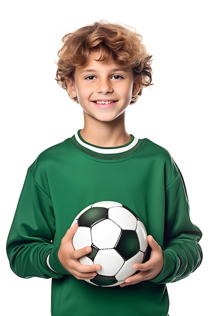 Foto retrato de un niño con una pelota de fútbol en las manos aislado sobre un fondo blanco
