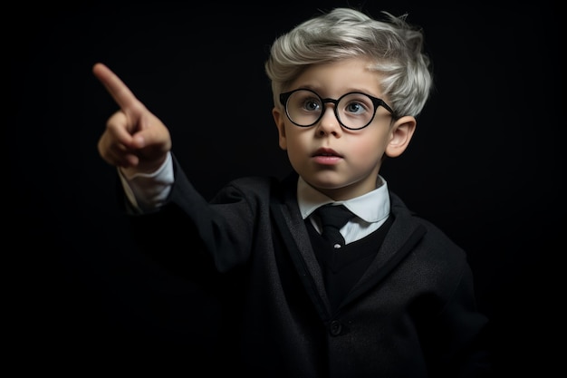 retrato de un niño pequeño con anteojos apuntando a la cámara sobre fondo negro