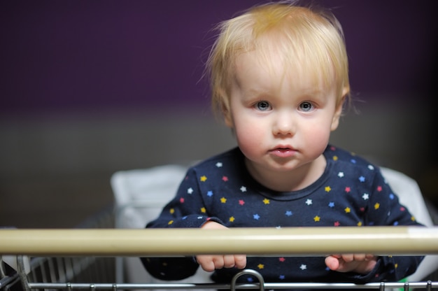 Retrato de niño pequeño en el carrito de compras