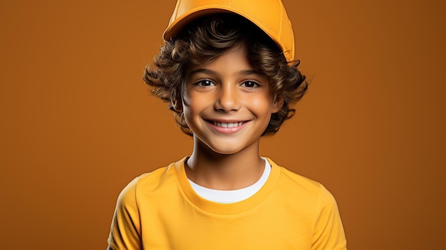 Foto retrato de un niño pequeño con un casco de construcción en el fondo de un sitio de construcción