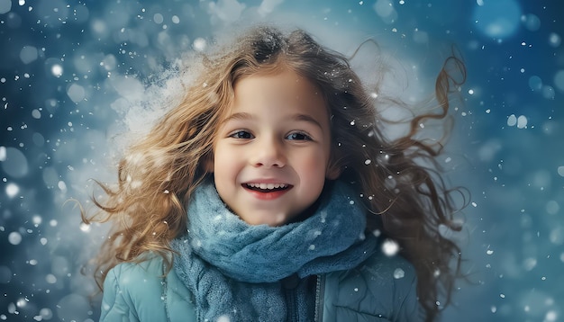 Retrato de un niño pequeño con copos de nieve en un fondo uniforme