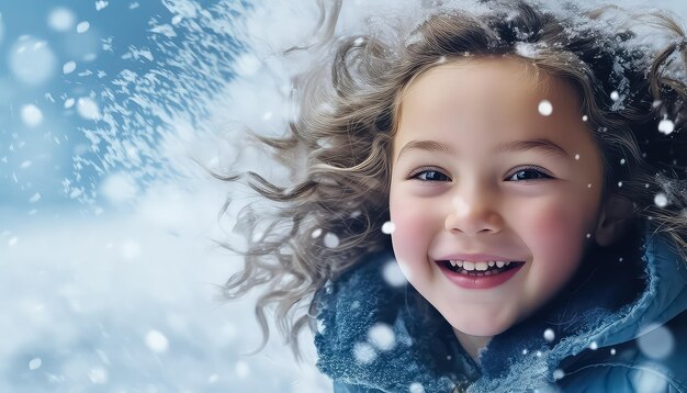 Retrato de un niño pequeño con copos de nieve en un fondo uniforme