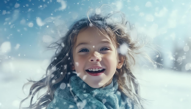 Retrato de un niño pequeño con copos de nieve en un fondo uniforme