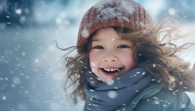 Retrato de un niño pequeño con copos de nieve sobre un fondo uniforme