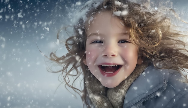 Retrato de un niño pequeño con copos de nieve sobre un fondo uniforme