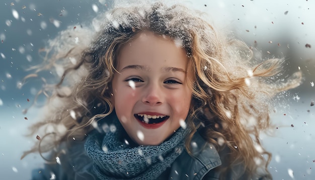 Retrato de un niño pequeño con copos de nieve sobre un fondo uniforme
