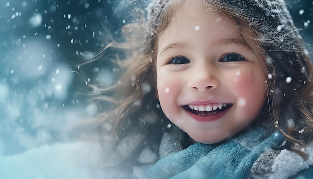 Retrato de un niño pequeño con copos de nieve sobre un fondo uniforme